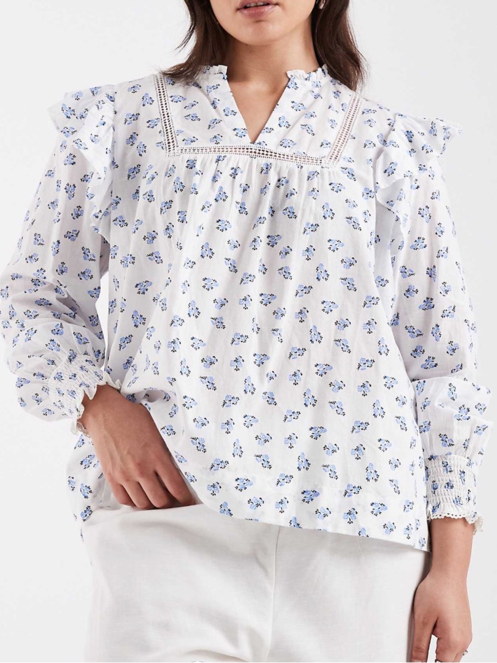 ONLY Curve Floral Print Ruffle Cotton Blouse - White with Blue Floral